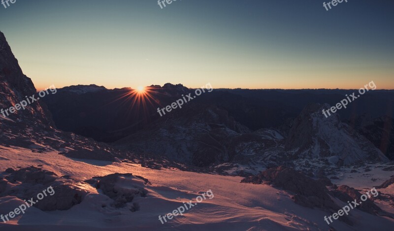 Sunset Dawn Mountains Silhouette Snow