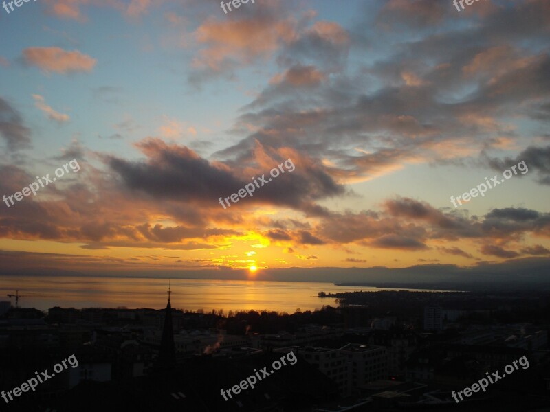 Sunset Lake Geneva Lausanne Switzerland Twilight