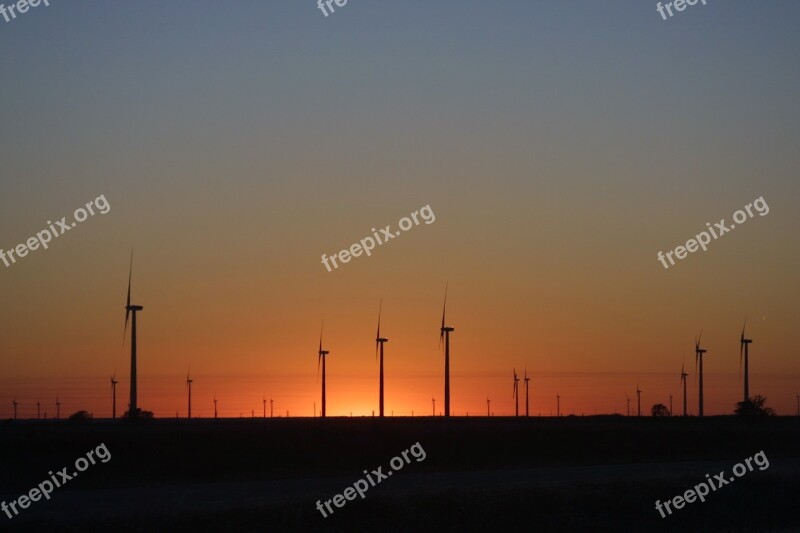 Wind Turbines Alternate Energy Sunset Kansas Plains