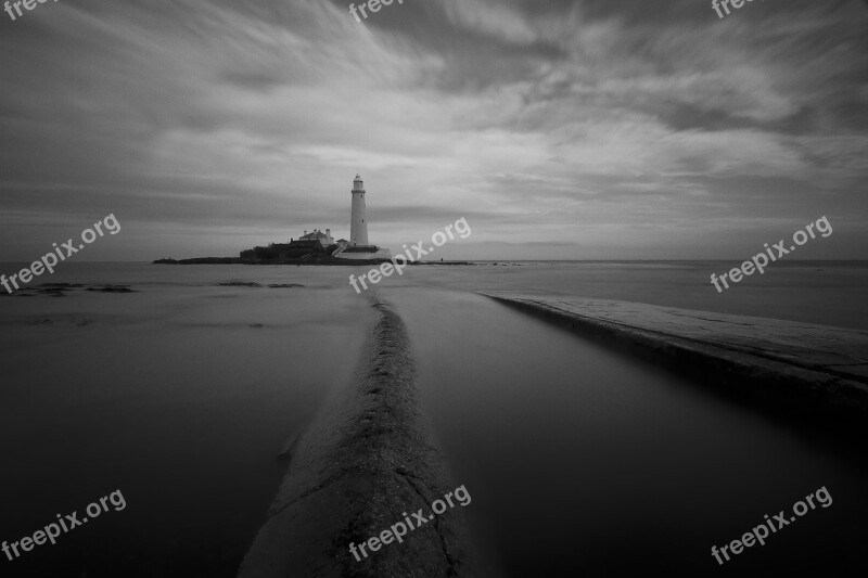 Lighthouse Causeway Mono B W Black And White