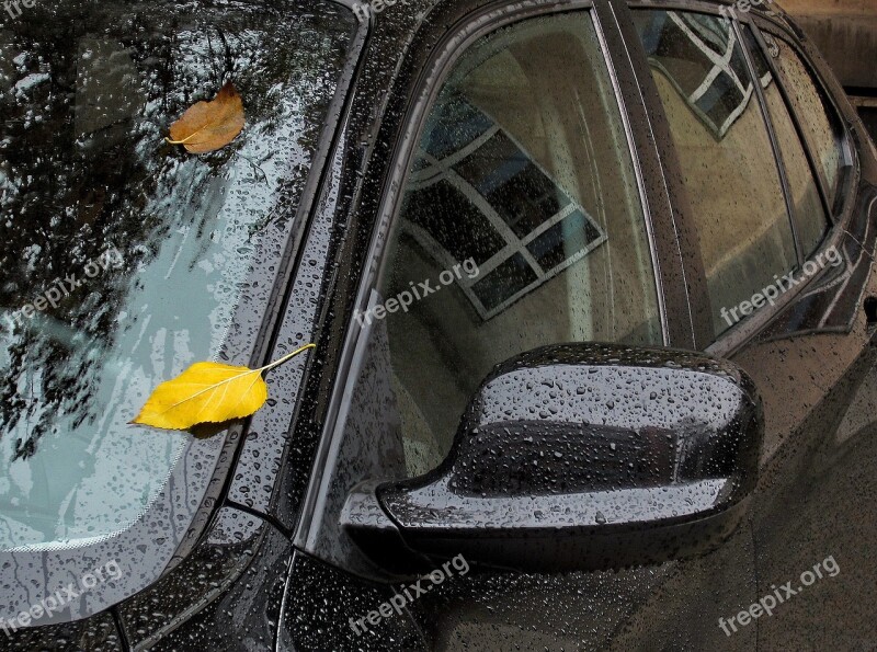 Autumn In The City Car Yellow Leaf Rain Drops Of Water