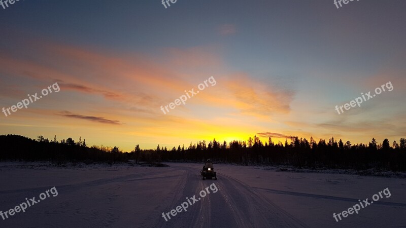 Snowmobile Sunrise Snow Sweden Lapland