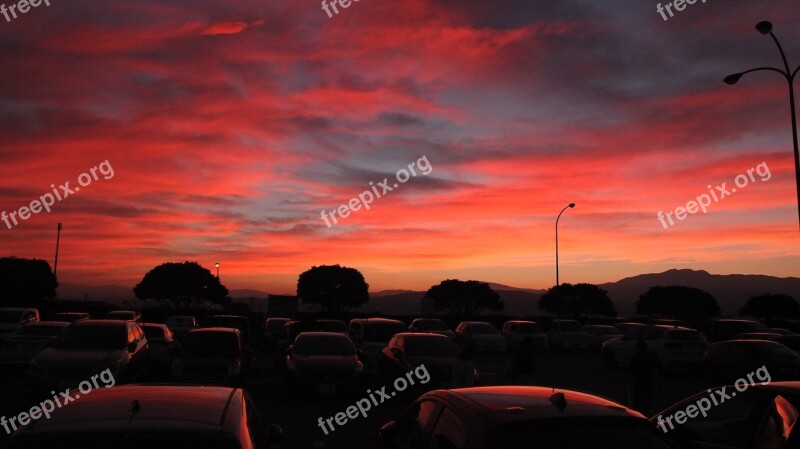 Dusk Parking Lot Sky Red Sky Clouds