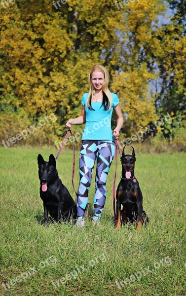 Doberman Black German Shepherd Dogs Blonde Woman Nature