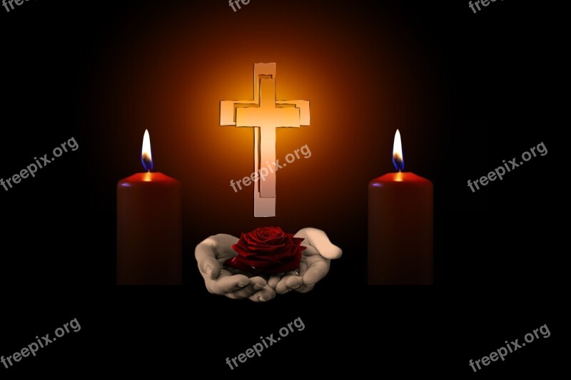 Cross Hands Rose Candles Mourning