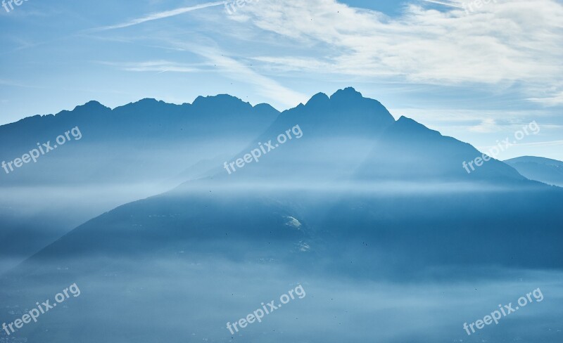 Mountains Fog Light Snowfall Blue Mood