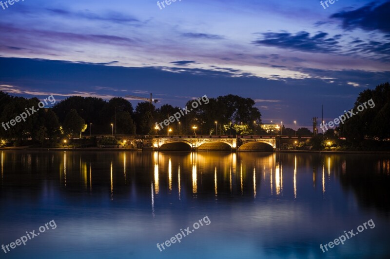 Hamburg Bridge Twilight Mirroring Water Reflection