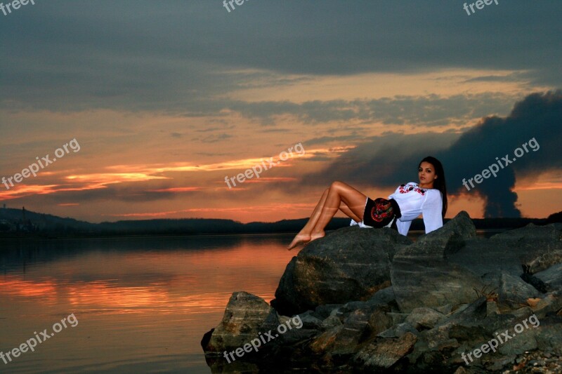 Girl Lake Sunset Reflection In The Evening