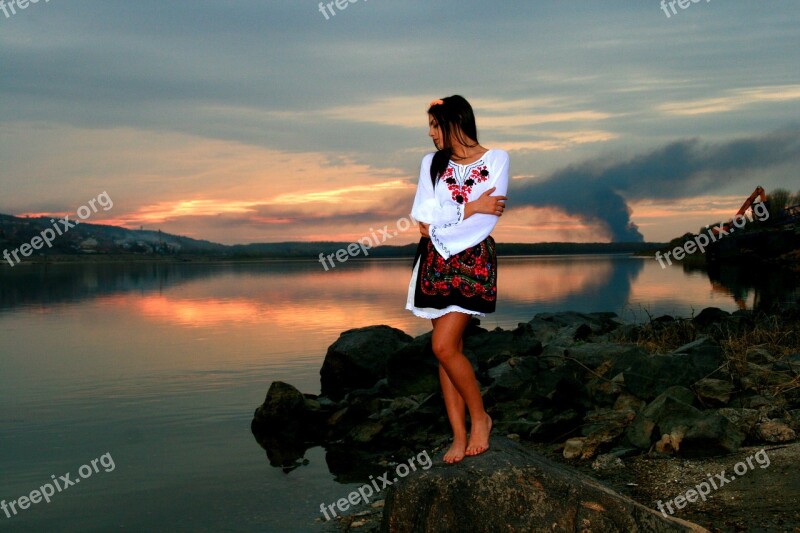 Girl Lake Sunset Reflection In The Evening