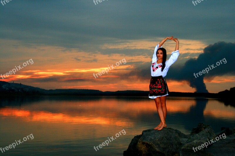 Girl Lake Sunset Reflection In The Evening