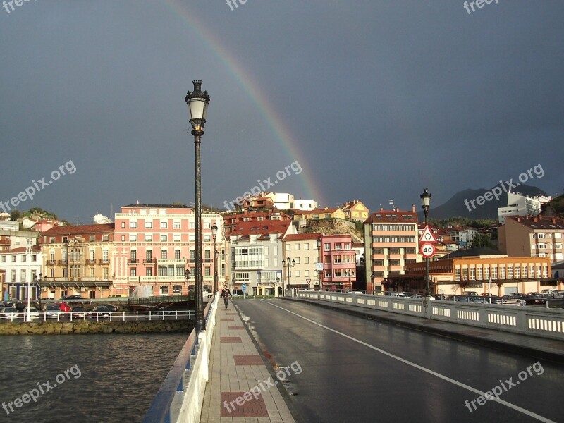 Rainbow Street Lamp Sky City Sunset