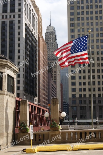 Chicago Wells Street Bridge American Flag Skyscrapers