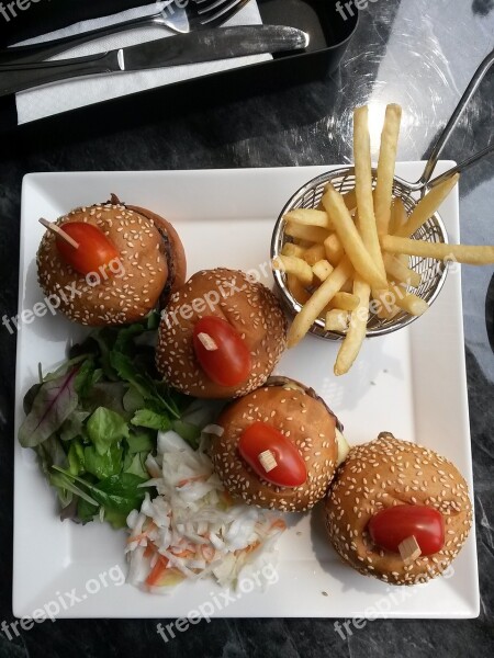 Mini Burger Fries Tomato Salad