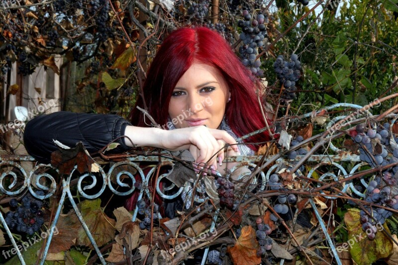 Girl Grapes Red Hair Autumn Harvest