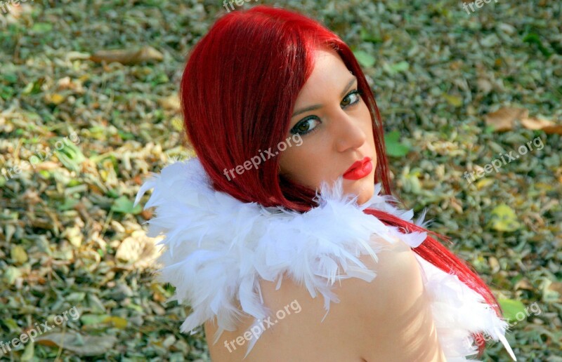 Girl Feather Snowflakes White Red Hair