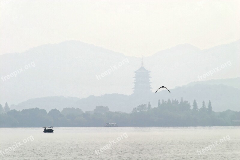 China Hangzhou Boat Mountains Landscape