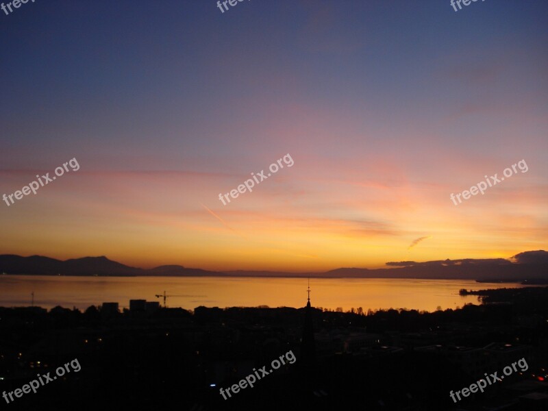 Sunset Sun Twilight Lake Geneva Lausanne