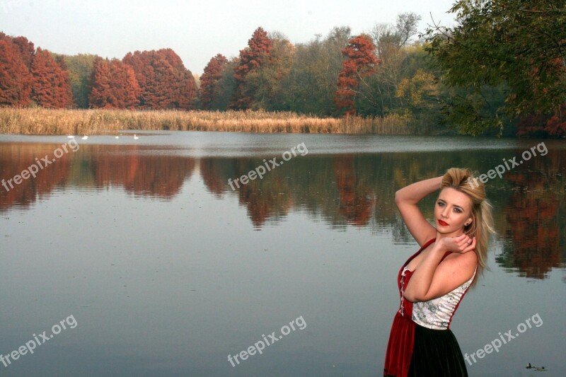 Girl Lake Autumn Forest Reflection