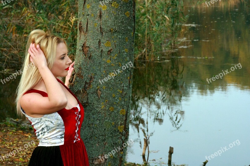 Girl Lake Autumn Forest Reflection