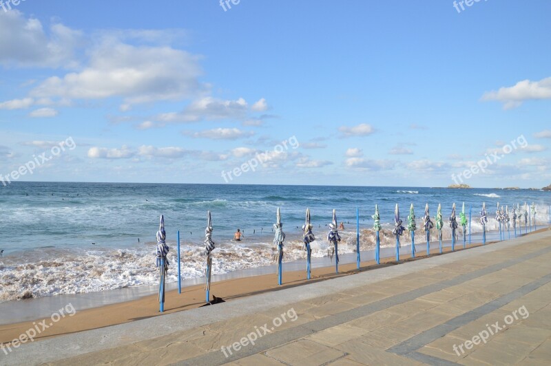 Beach Sunshade Clouds Blue Landscape