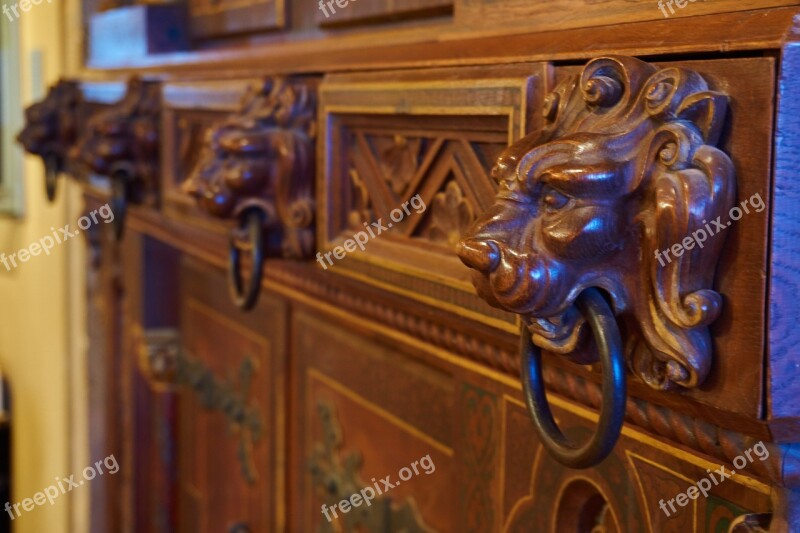 Wood Carving Lion Head Cabinet Middle Ages