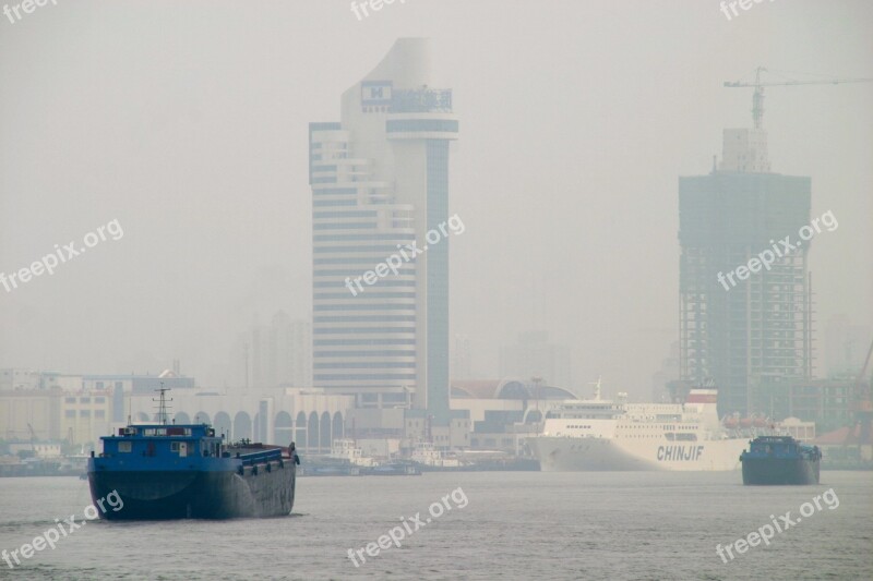 Fog Shanghai Boats Smog River