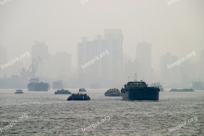 Fog Shanghai Boats Smog River