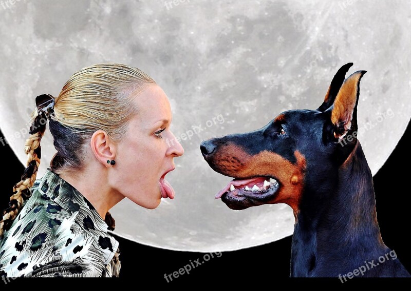 Woman Language Dog Doberman Moon