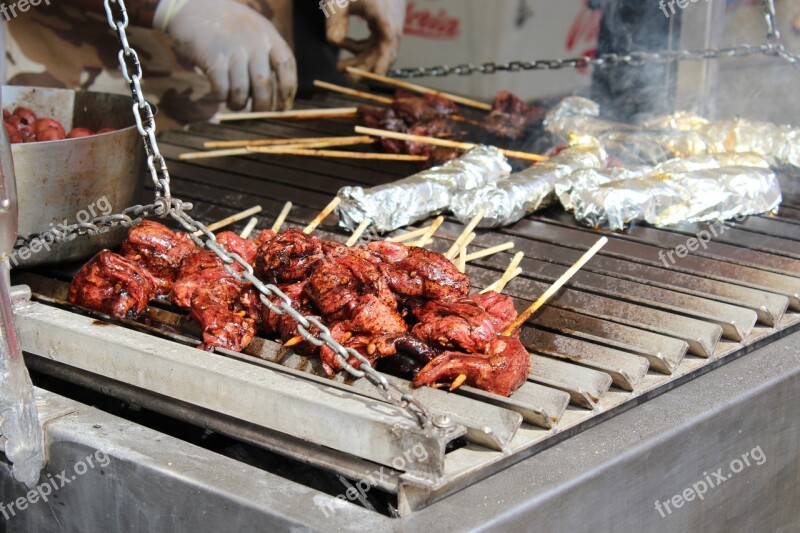 Skewers Spit Meat Food Street Food