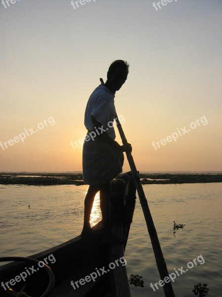 Man Punting Boat Travel Boat Vessel Water