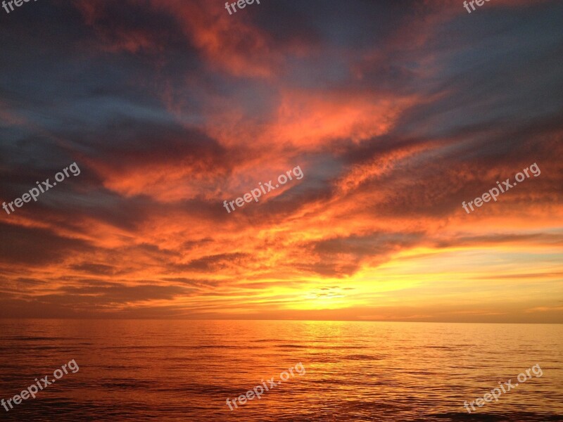 Sunset Red Sky Ocean Dramatic Sky Evening