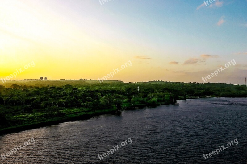 Panama Panama Canal Sunrise Forest Landscape