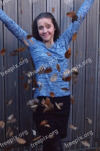 Girl Autumn Leaves Fun Jump Up