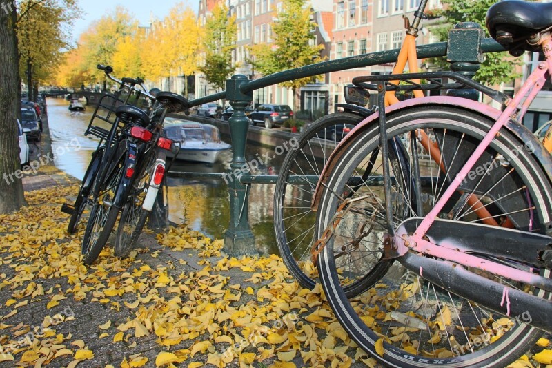 Amsterdam Bicycles Channels Autumn Leaves