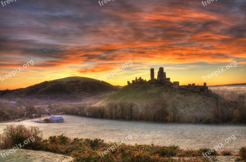 Corfe Castle England Sunset Mist