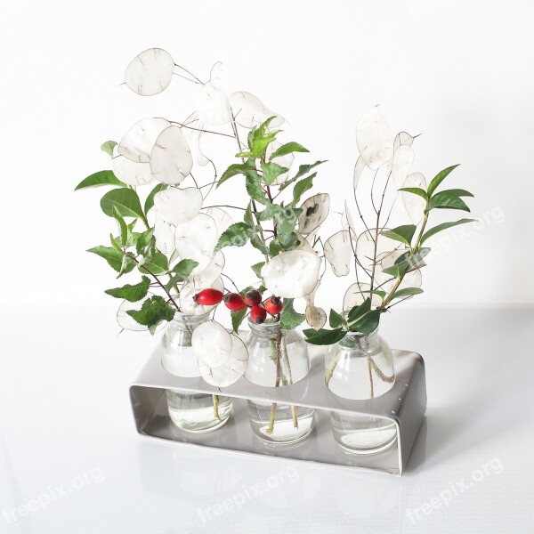 Vase Red Rose Hip Leaves Green