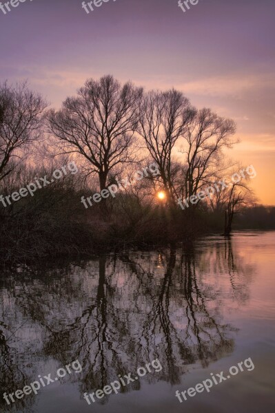 River Water Lip Trees Sunset