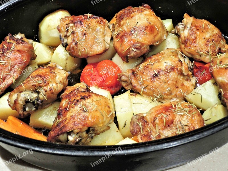 Roasted Chicken Thighs Potatoes Carrots Tomatoes Olive Oil