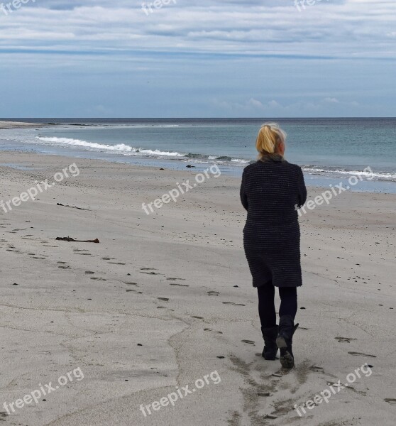 Woman Walking Beach Alone Sand