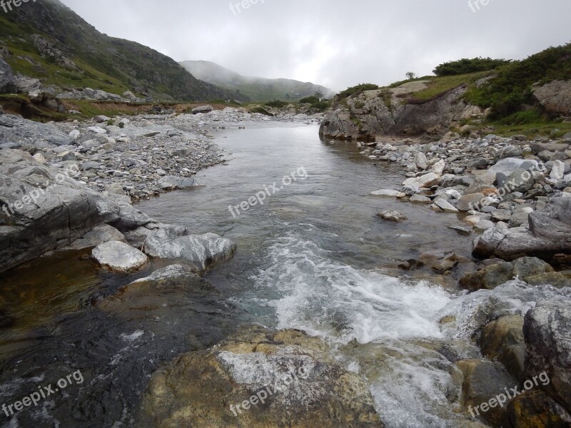 River Dark Flow Mountains Cloudy