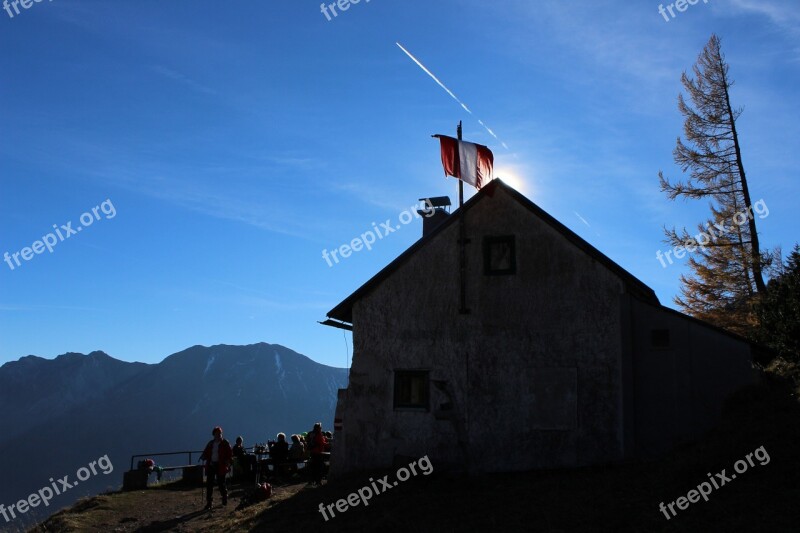 Mountain Hut Larch Sky Sun Contrail