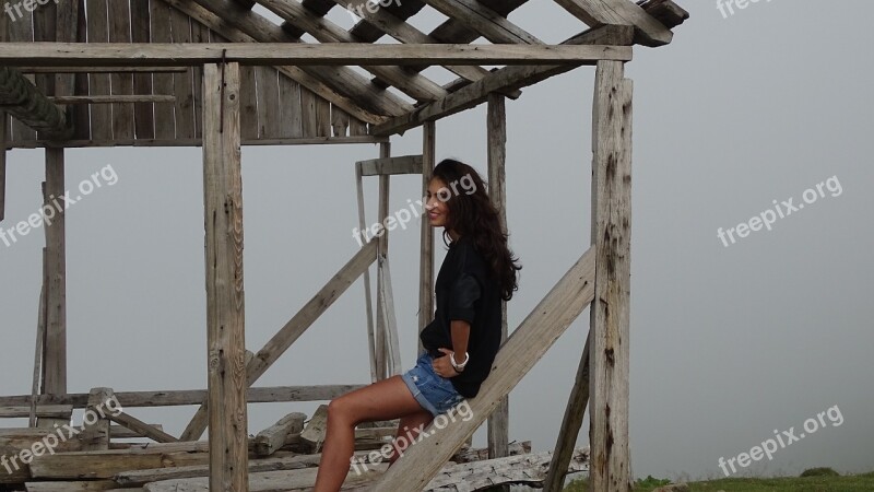 Young Woman Village Landscape Mountains Fog