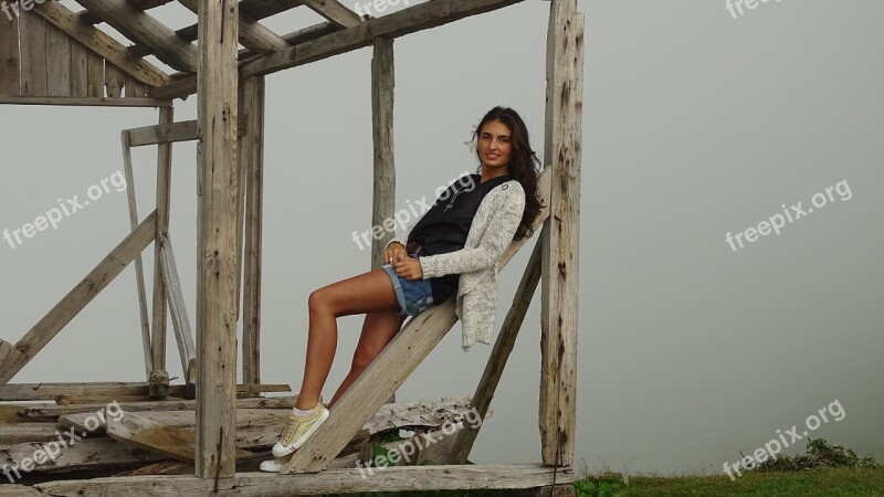 Mountains Fog Cottage Woman Posing