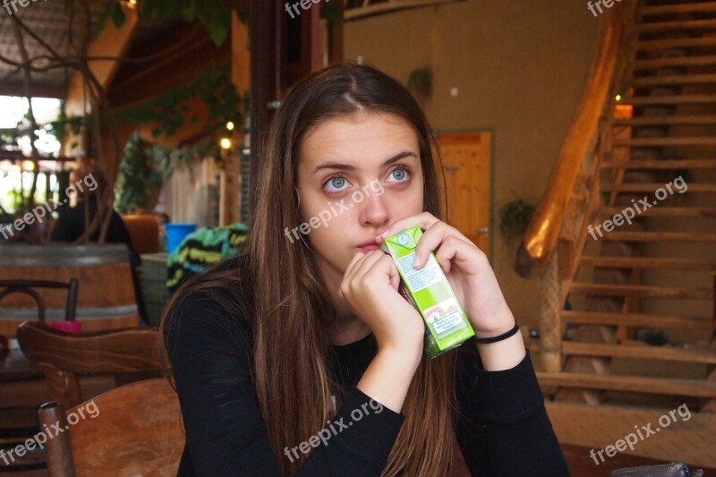 Girl Face Long Hair Blue Eyes Drinking