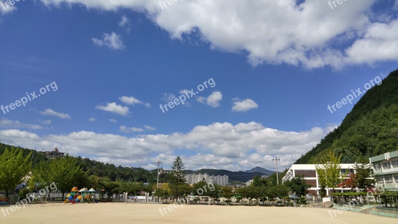 Autumn Sky White Clouds School Scenery Taebaek Korea