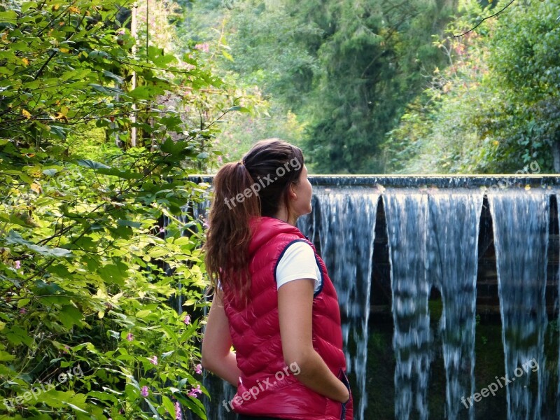 Woman Girl Water Waterfall Forest