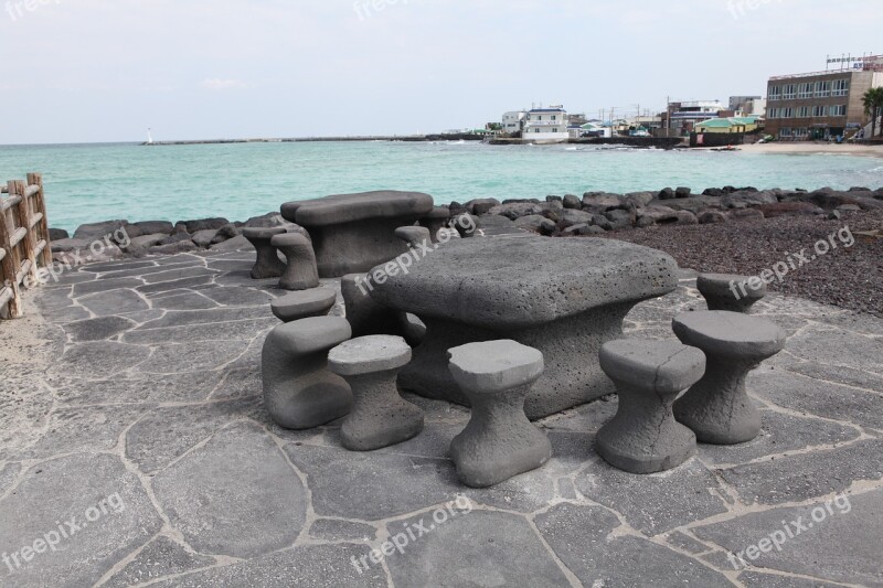 Stone Statue Emerald Sea Jeju Island Intercalated Beach Blue Sea