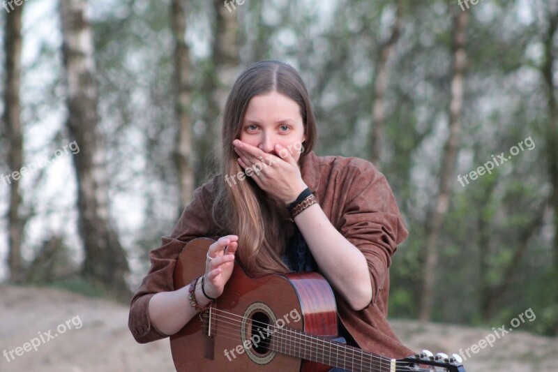 Young Woman Surprised Long Hair Guitar Forest