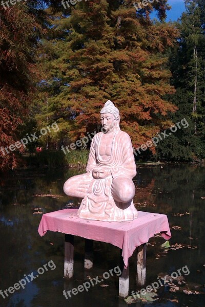 Meditation Statue Autumn Lake Nature