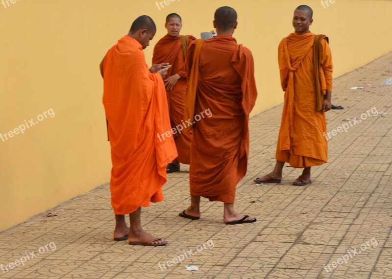 Monks Cambodia Asia Taking Pictures Social Media